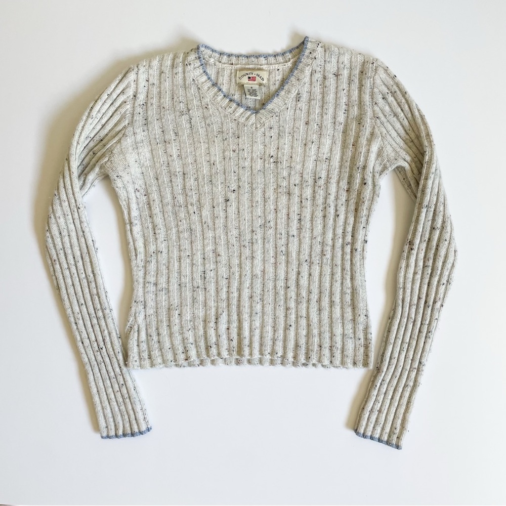 Vintage 90s Speckled Ribbed V-Neck Wool Blend Sweater Cream Grey Blue